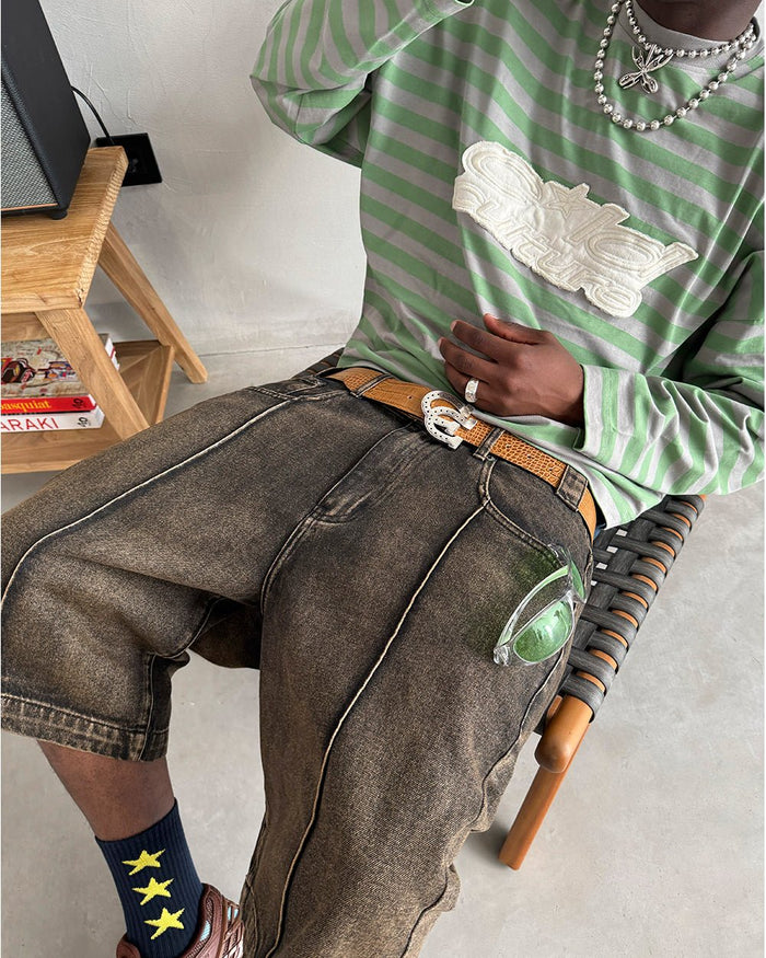 PARDON ME LONGSLEEVE GREEN & GREY - green striped longsleeve tee, on model close-up - Cold Culture