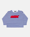 PARDON ME LONGSLEEVE WHITE & NAVY - navy striped longsleeve tee, front view - Cold Culture