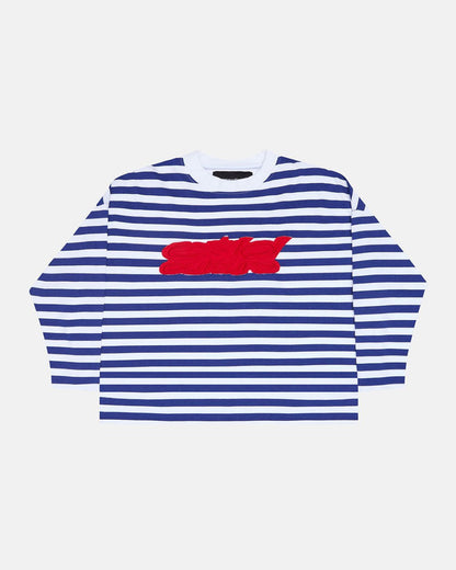 PARDON ME LONGSLEEVE WHITE & NAVY - navy striped longsleeve tee, front view - Cold Culture