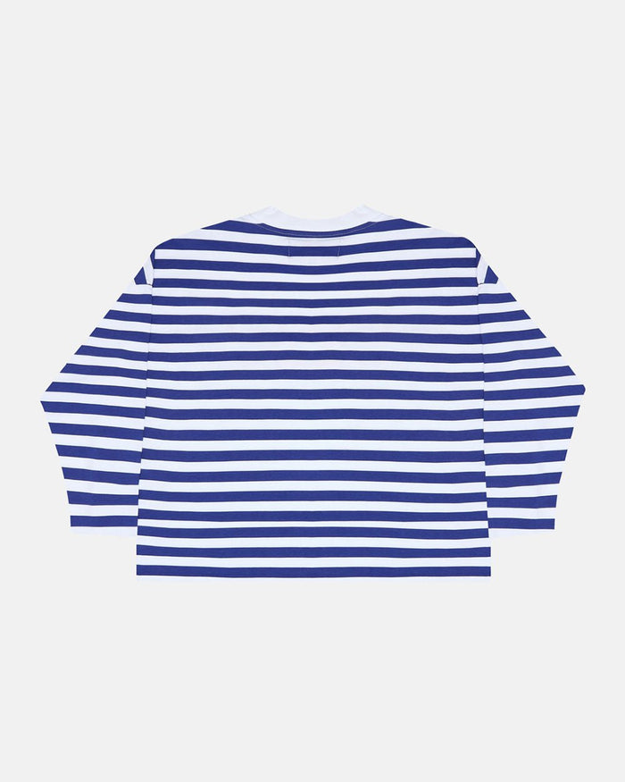 PARDON ME LONGSLEEVE WHITE & NAVY - navy striped longsleeve tee, back view - Cold Culture
