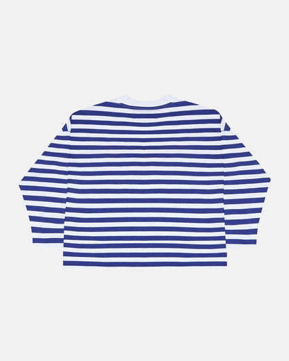 PARDON ME LONGSLEEVE WHITE & NAVY - navy striped longsleeve tee, back view - Cold Culture