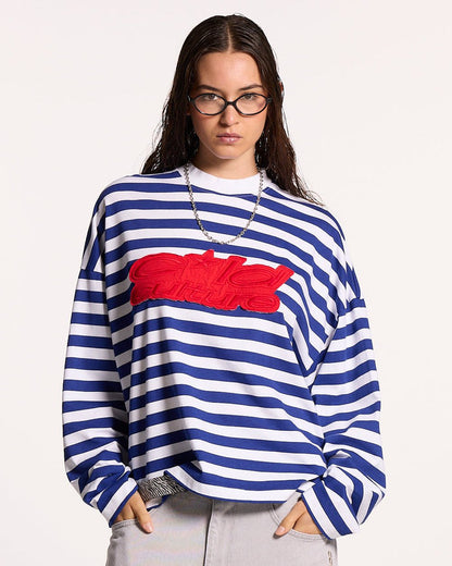 PARDON ME LONGSLEEVE WHITE & NAVY - navy striped longsleeve tee, front view on female model - Cold Culture #woman