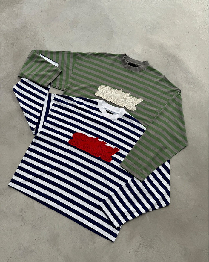 PARDON ME LONGSLEEVE WHITE & NAVY - navy striped longsleeve tee, flat lay with matching pieces - Cold Culture