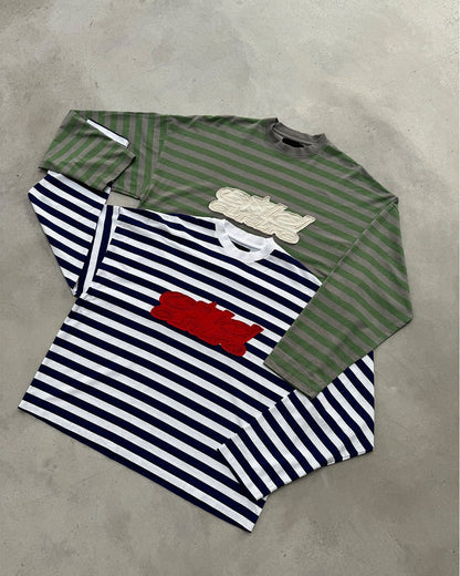 PARDON ME LONGSLEEVE WHITE & NAVY - navy striped longsleeve tee, flat lay with matching pieces - Cold Culture