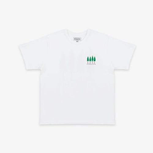 A white short-sleeve crewneck t-shirt with a small green graphic of four pine trees and the word 'PINEAPPLE' printed on the left chest, displayed on a clean white background.