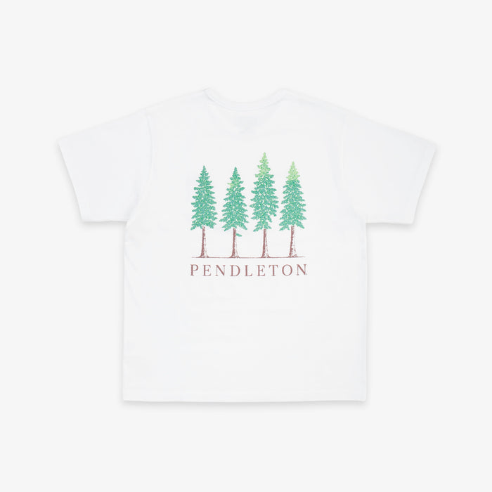 A white short-sleeve crewneck t-shirt featuring a graphic of four green pine trees with brown trunks and the word 'PENDLETON' printed below in brown, displayed on a clean white background.