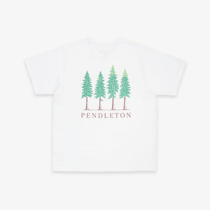 A white short-sleeve crewneck t-shirt featuring a graphic of four green pine trees with brown trunks and the word 'PENDLETON' printed below in brown, displayed on a clean white background.