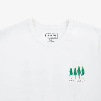A close-up of a white Pendleton t-shirt showing the inner neck label and a small chest graphic of four green pine trees with the word 'PENDLETON' underneath.