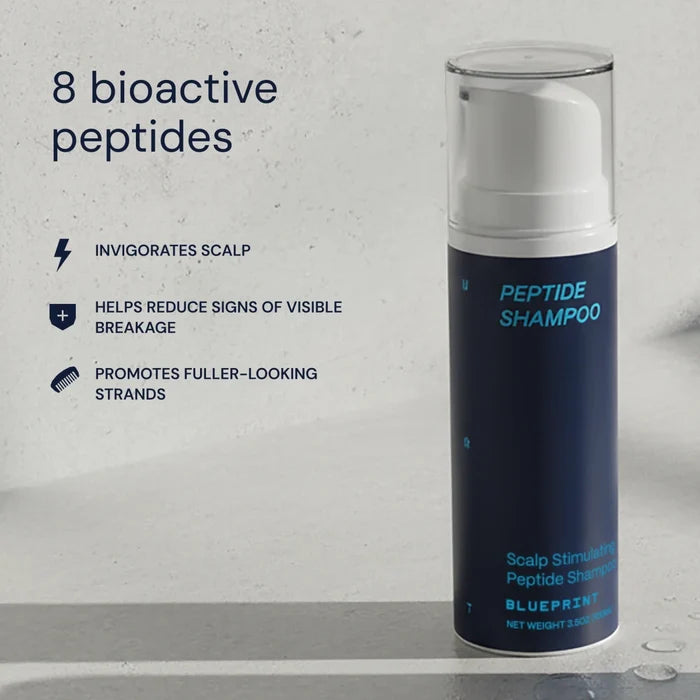 Peptide shampoo bottle with text on a gray background