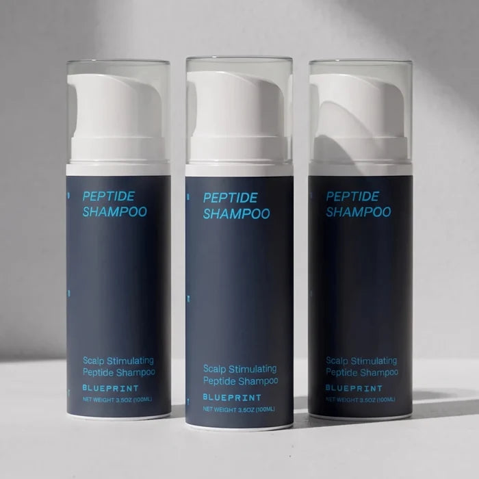 Three bottles of Blueprint Peptide Shampoo for hair and scalp health