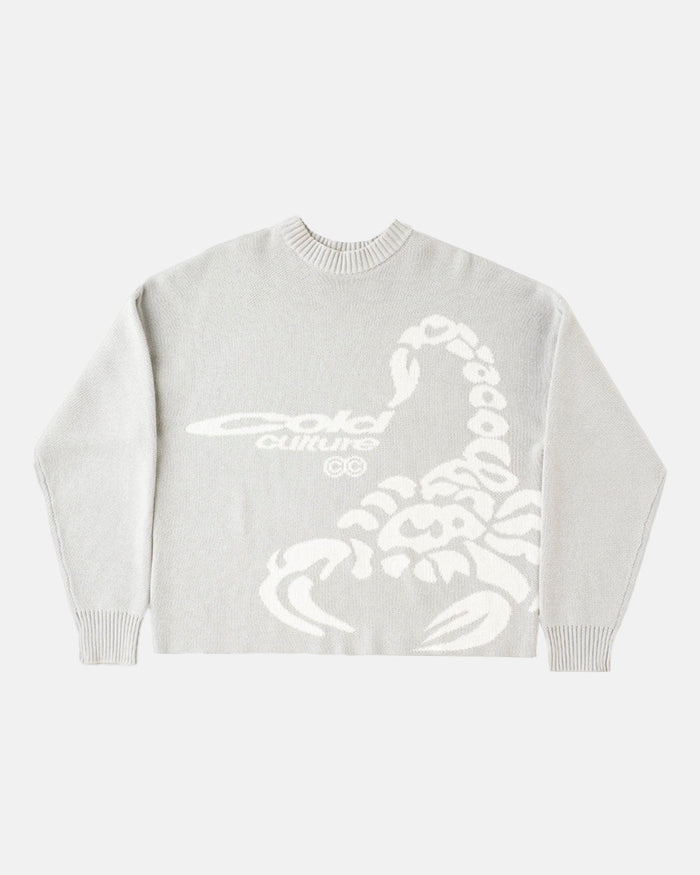 POISON KNIT COOL GREY - light grey scorpion knit sweater, front view - Cold Culture