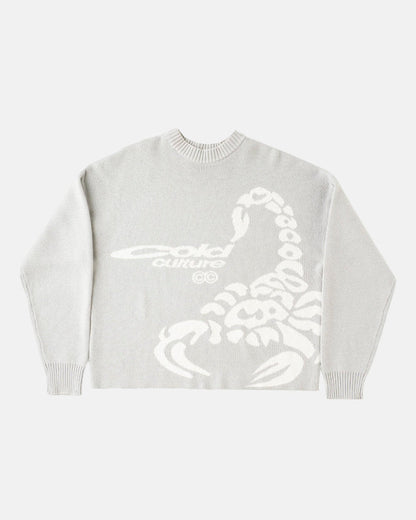 POISON KNIT COOL GREY - light grey scorpion knit sweater, front view - Cold Culture