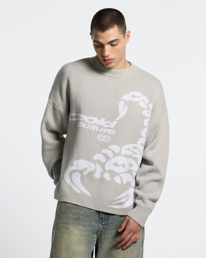 POISON KNIT COOL GREY - light grey scorpion knit sweater, front view on male model - Cold Culture #man
