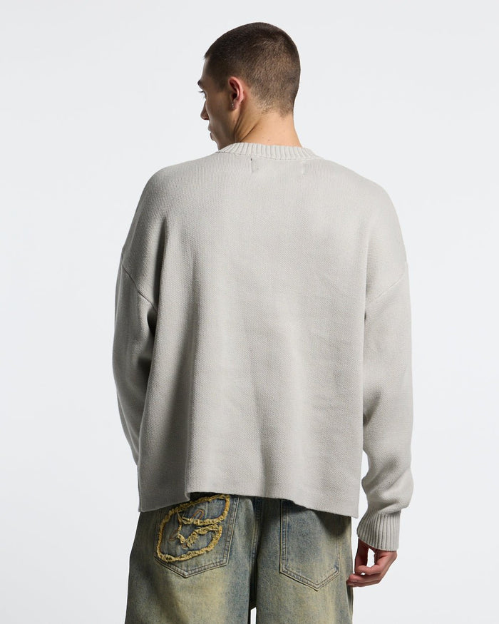 POISON KNIT COOL GREY - light grey scorpion knit sweater, back view on male model - Cold Culture #man