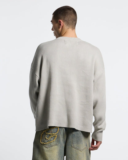 POISON KNIT COOL GREY - light grey scorpion knit sweater, back view on male model - Cold Culture #man