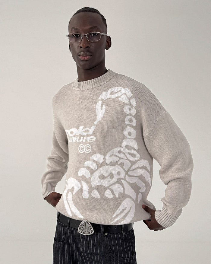POISON KNIT COOL GREY - light grey scorpion knit sweater, front view on male model - Cold Culture
