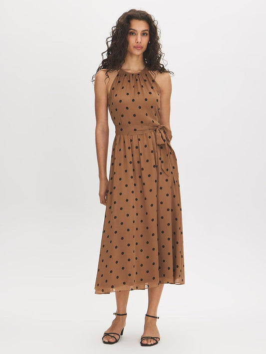 Woodsmoke Polka Dot Halter Midi Dress - Woman Wearing Fit-and-Flare Chiffon Dress - Suzy Shier