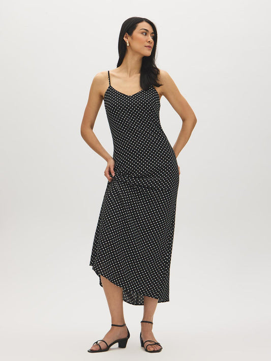 Black/White Dots Print Flowy Slip Dress - Woman Wearing V-Neck Midi Dress - Suzy Shier