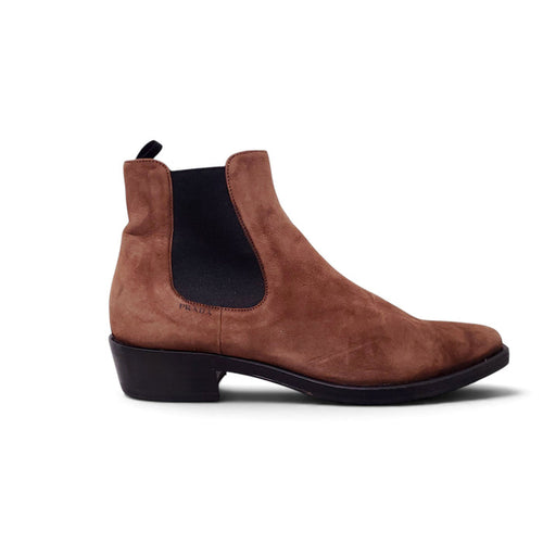 PRADA BROWN SUEDE CHELSEA BOOTS WITH LOGO - SIZE 38