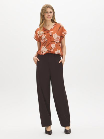 Autumn Leaf Printed V-Neck Blouse with Dolman Sleeves - Front View - Suzy Shier