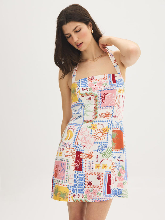 Snow White Conversational Print Halter Mini Dress - Woman Wearing Printed Linen Blend Dress - Suzy Shier