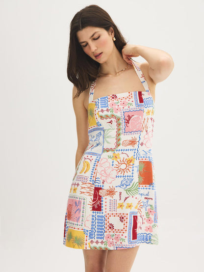 Snow White Conversational Print Halter Mini Dress - Woman Wearing Printed Linen Blend Dress - Suzy Shier