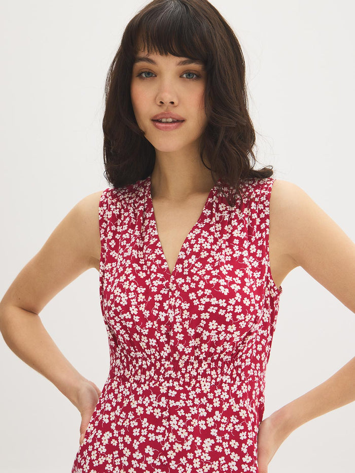 Printed V-Neck Smocked Midi Dress