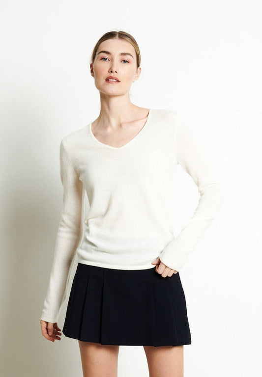 LILLY 2 Pull col V en cachemire blanc écru