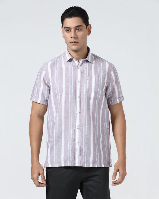 Purple Half Sleeve Linen Stripe Shirt - Junel