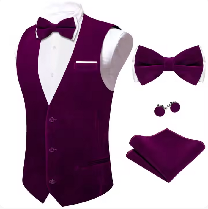 Purple Solid Silk Vest Bowtie Pocket Square Cufflinks Set- BW-MJ-0053