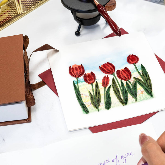 Quilled Red Tulip Field Card
