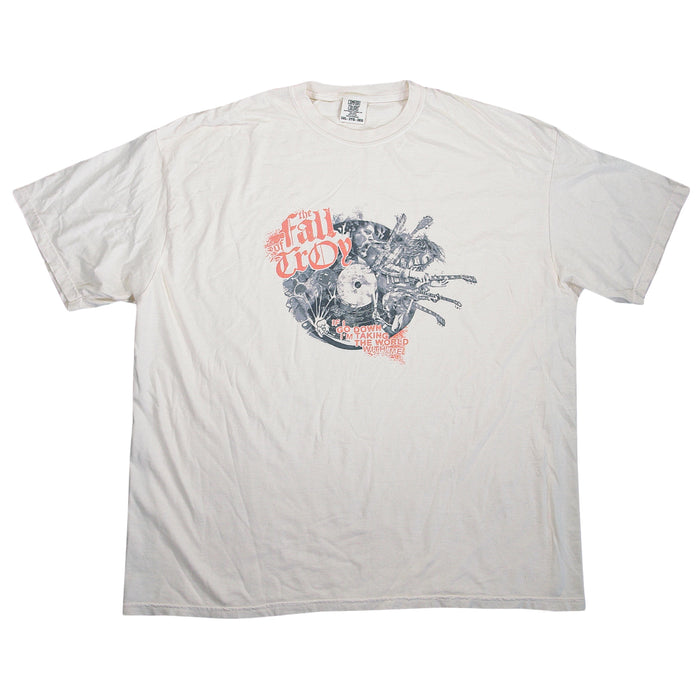 White T-shirt with a graphic featuring the words The Fall of Troy and an intricate black and red illustration that includes animals and abstract shapes, centered on the chest area.