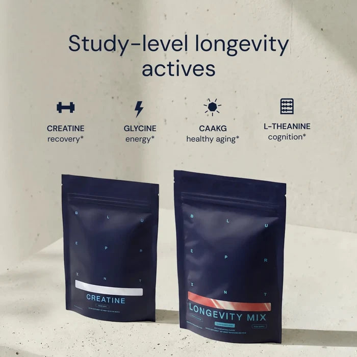 Two blue packages labeled 'Creatine' and 'Longevity Mix' on a beige background with text about study-level longevity actives.