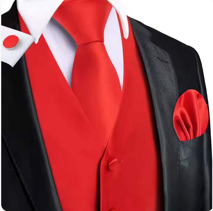 Red Solid Silk Waistcoat vest Tie Handkerchief Cufflink Set - MJ3514