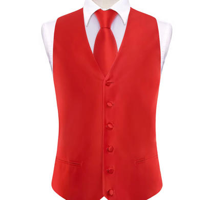 Red Solid Silk Waistcoat vest Tie Handkerchief Cufflink Set - MJ3514