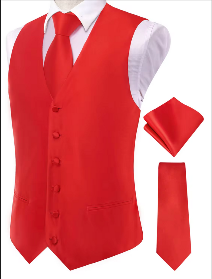 Red Solid Silk Waistcoat vest Tie Handkerchief Cufflink Set - MJ3514