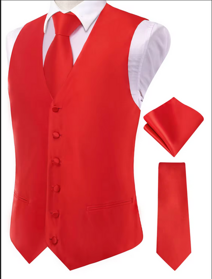 Red Solid Silk Waistcoat vest Tie Handkerchief Cufflink Set - MJ3514