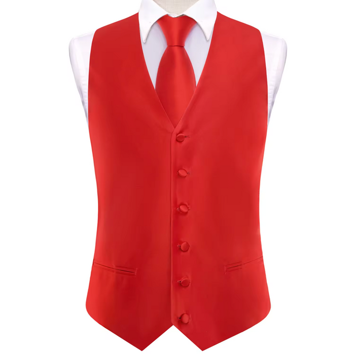 Red Solid Silk Waistcoat vest Tie Handkerchief Cufflink Set - MJ3514
