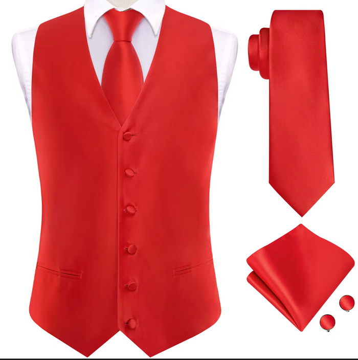 Red Solid Silk Waistcoat vest Tie Handkerchief Cufflink Set - MJ3514