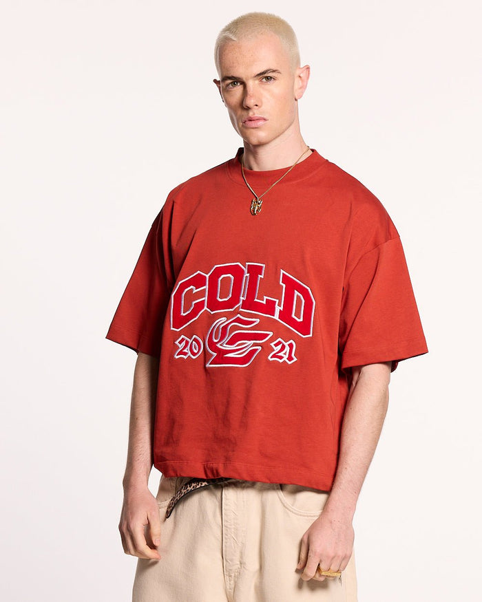 RELENTLESS TEE BURGUNDY - burgundy graphic print tee, front view on male model - Cold Culture #man