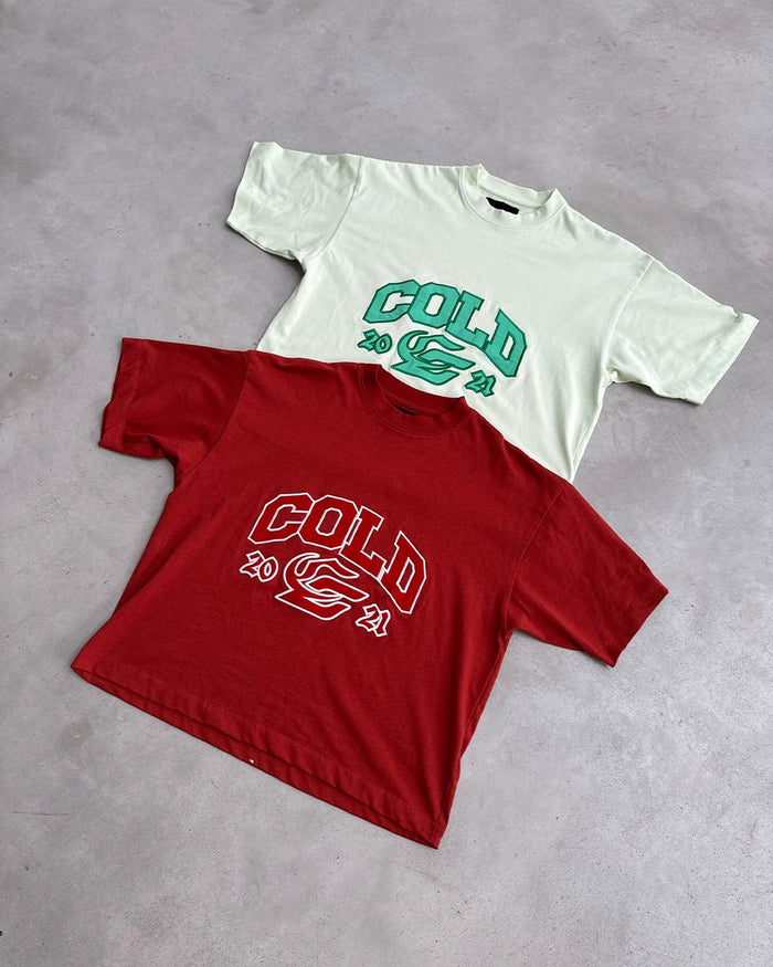 RELENTLESS TEE BURGUNDY - burgundy graphic print tee, flat lay with matching pieces - Cold Culture