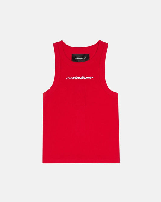RIB TANK TOP RED - red ribbed tank top, front view - Cold Culture