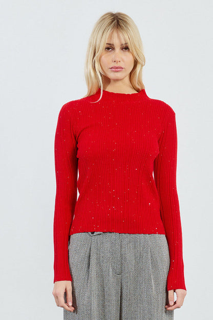 red mock neck sweater top with sequin detailing