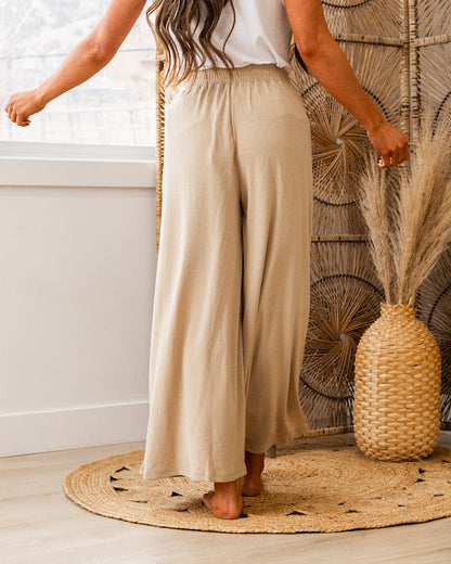 Right Here Wide Leg Pleated Knit Pants - Beige Heyson