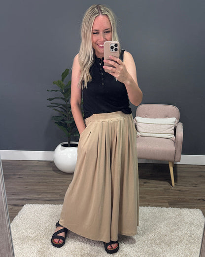 Right Here Wide Leg Pleated Knit Pants - Beige Heyson