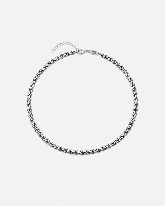 ROLLED NECKLACE - silver chain necklace, flat lay - Cold Culture