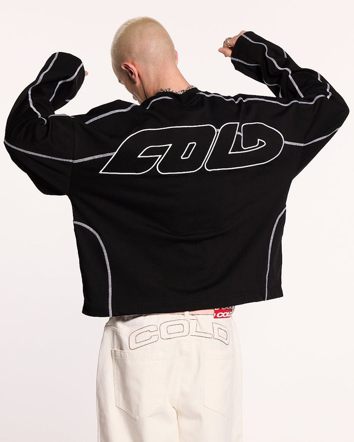 ROLLER LONGSLEEVE TEE BLACK - black oversized longsleeve tee, back view on male model - Cold Culture #man