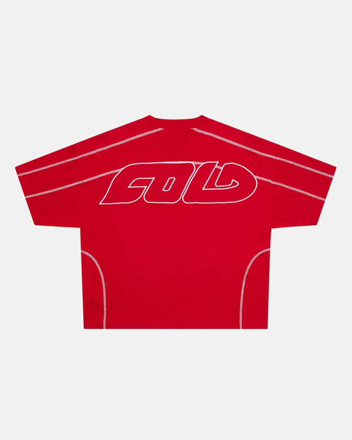 ROLLER TEE RED - red oversized tee, back view - Cold Culture
