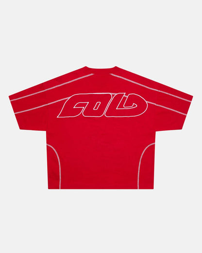 ROLLER TEE RED - red oversized tee, back view - Cold Culture