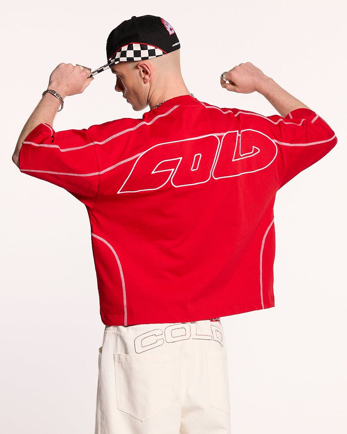 ROLLER TEE RED - red oversized tee, back view on male model - Cold Culture #man